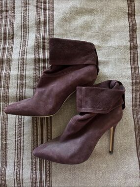 Brian Atwood Plum Suede Fold-Over Stiletto Ankle Boots